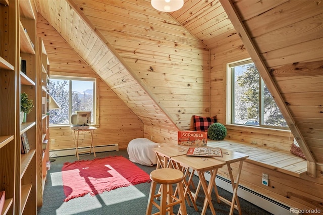 70 Sheep Creek Trl, Fairplay, CO 80440 - game room with wood walls, baseboard heating, wood ceiling, lofted ceiling, and carpet