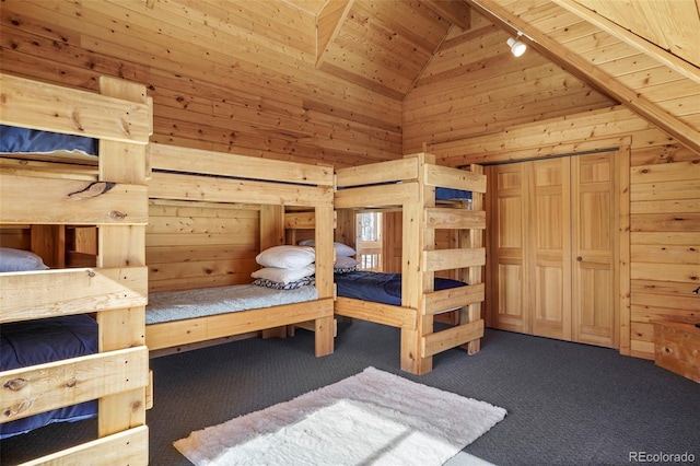 70 Sheep Creek Trl, Fairplay, CO 80440 - bedroom with wood walls, dark carpet, wooden ceiling, high vaulted ceiling, and a relaxing sauna