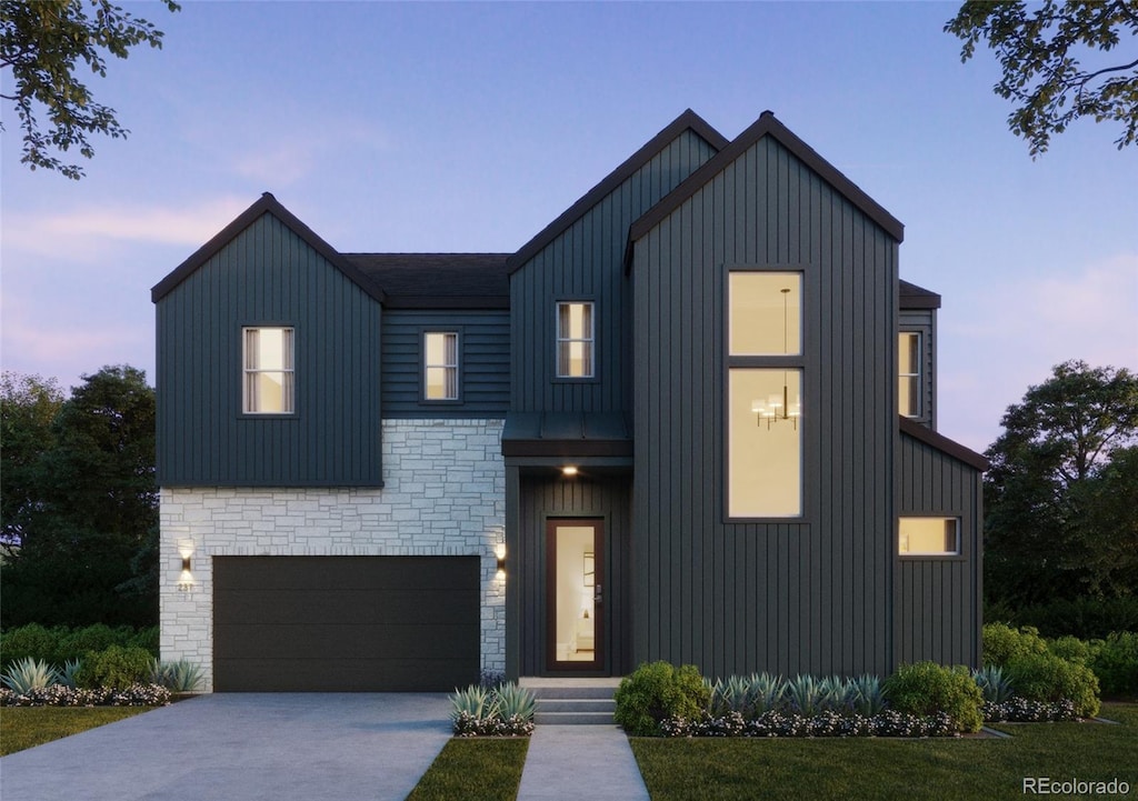 11324 Alla Breve Cir, Lone Tree, CO 80134 - view of front of house featuring stone siding, board and batten siding, a garage, concrete driveway, and a front yard