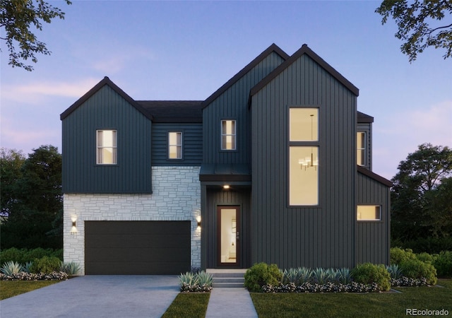 11324 Alla Breve Cir, Lone Tree, CO 80134 - view of front of house featuring stone siding, board and batten siding, a garage, concrete driveway, and a front yard