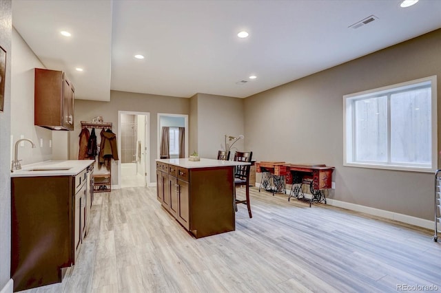 kitchen featuring a center island, sink, and light hardwood / wood-style flooring