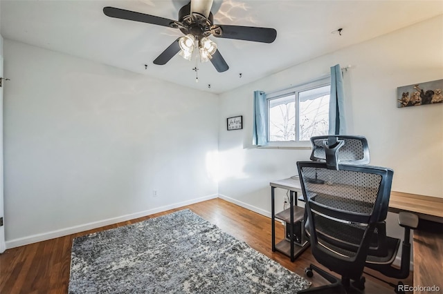 office area featuring ceiling fan and dark hardwood / wood-style floors