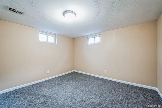 basement with carpet flooring, a textured ceiling, and a wealth of natural light