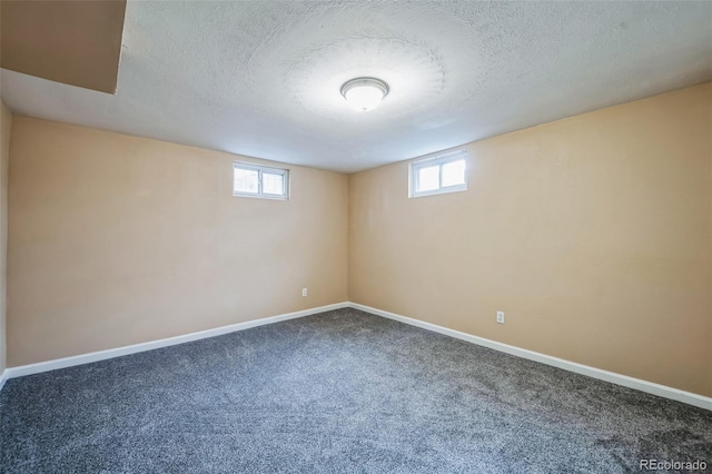 basement featuring a textured ceiling, a wealth of natural light, and carpet