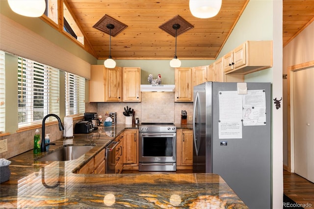 1301 Sheep Ridge Rd, Fairplay, CO 80440 - kitchen with appliances with stainless steel finishes, vaulted ceiling, wood ceiling, light brown cabinetry, and decorative backsplash