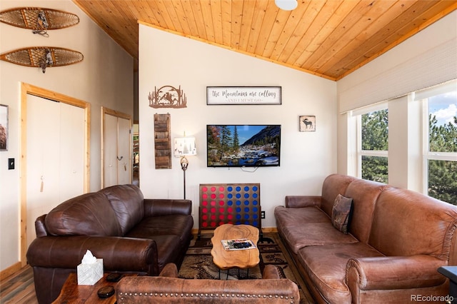1301 Sheep Ridge Rd, Fairplay, CO 80440 - living room featuring lofted ceiling, wooden ceiling, and wood finished floors