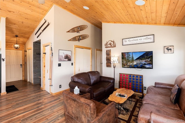 1301 Sheep Ridge Rd, Fairplay, CO 80440 - living area featuring wooden ceiling, wood finished floors, and high vaulted ceiling