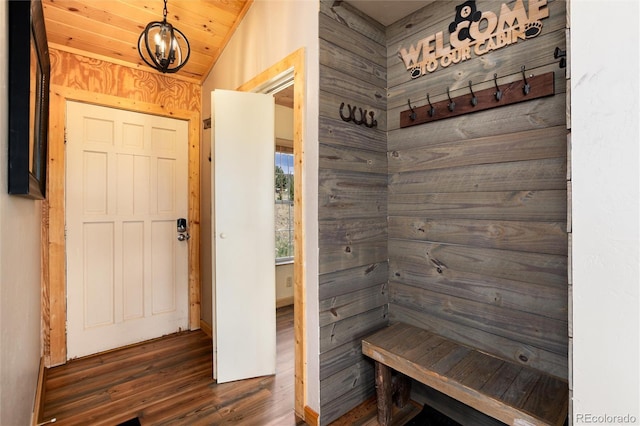 1301 Sheep Ridge Rd, Fairplay, CO 80440 - mudroom with wood finished floors, a chandelier, vaulted ceiling, and a sauna / steam room