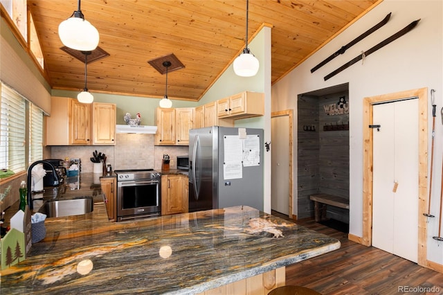 1301 Sheep Ridge Rd, Fairplay, CO 80440 - kitchen featuring stainless steel appliances, light brown cabinets, wood ceiling, under cabinet range hood, and a peninsula