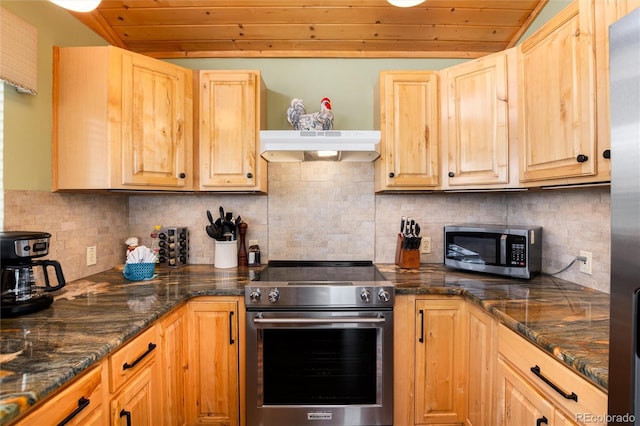 1301 Sheep Ridge Rd, Fairplay, CO 80440 - kitchen with stainless steel appliances, under cabinet range hood, wood ceiling, light brown cabinets, and decorative backsplash