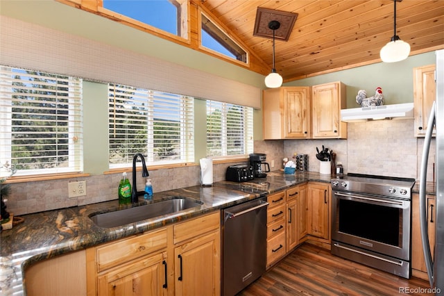 1301 Sheep Ridge Rd, Fairplay, CO 80440 - kitchen with stainless steel appliances, exhaust hood, vaulted ceiling, wood ceiling, and dark wood-type flooring