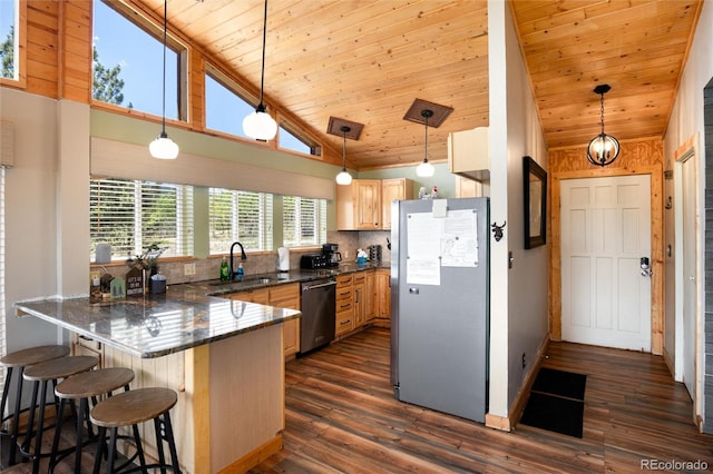 1301 Sheep Ridge Rd, Fairplay, CO 80440 - kitchen featuring stainless steel appliances, a peninsula, high vaulted ceiling, a breakfast bar, and wooden ceiling