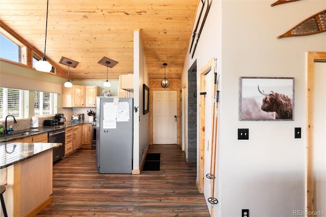 1301 Sheep Ridge Rd, Fairplay, CO 80440 - kitchen with stainless steel appliances, dark wood-style floors, light brown cabinets, high vaulted ceiling, and wood ceiling