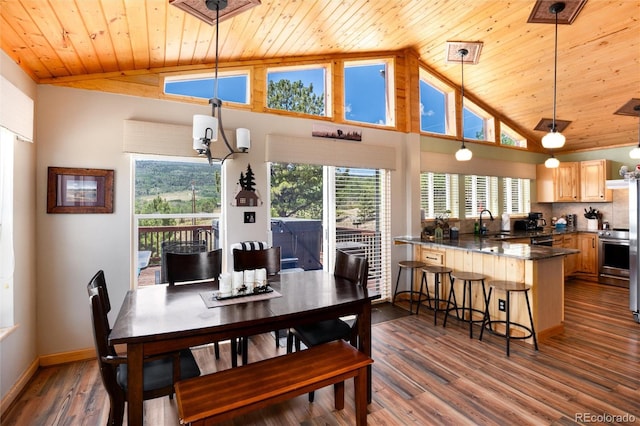 1301 Sheep Ridge Rd, Fairplay, CO 80440 - dining area featuring wooden ceiling, vaulted ceiling, and dark wood finished floors