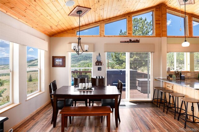 1301 Sheep Ridge Rd, Fairplay, CO 80440 - dining area featuring lofted ceiling, wood ceiling, plenty of natural light, dark wood-type flooring, and a chandelier