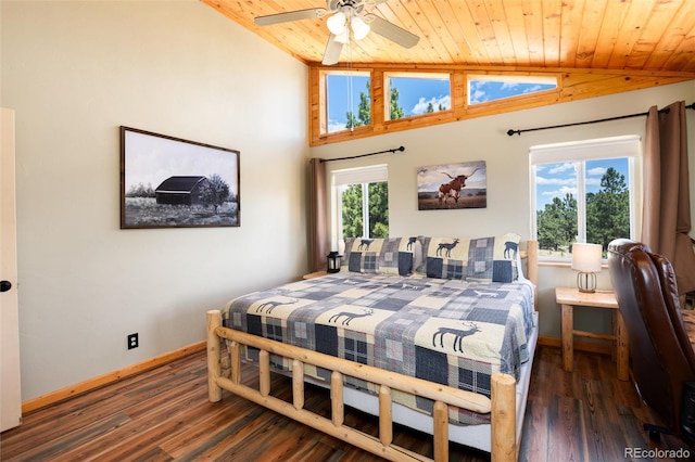 1301 Sheep Ridge Rd, Fairplay, CO 80440 - bedroom with lofted ceiling, wooden ceiling, wood finished floors, and ceiling fan
