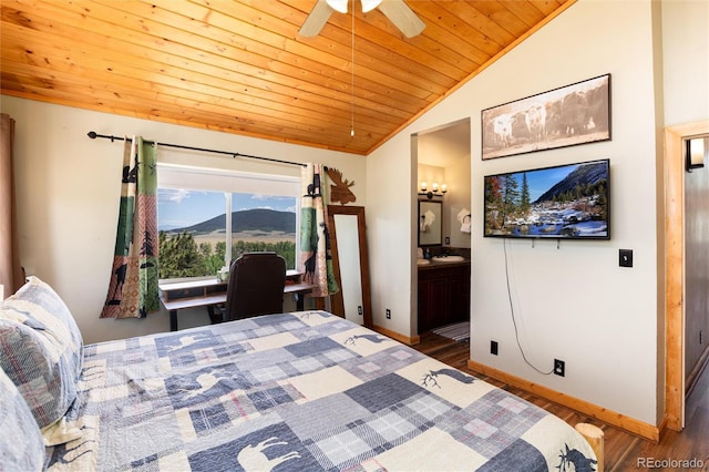 1301 Sheep Ridge Rd, Fairplay, CO 80440 - bedroom featuring lofted ceiling, wood ceiling, wood finished floors, and connected bathroom