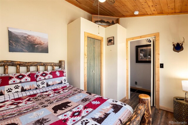 1301 Sheep Ridge Rd, Fairplay, CO 80440 - bedroom featuring wood finished floors, wooden ceiling, and a closet