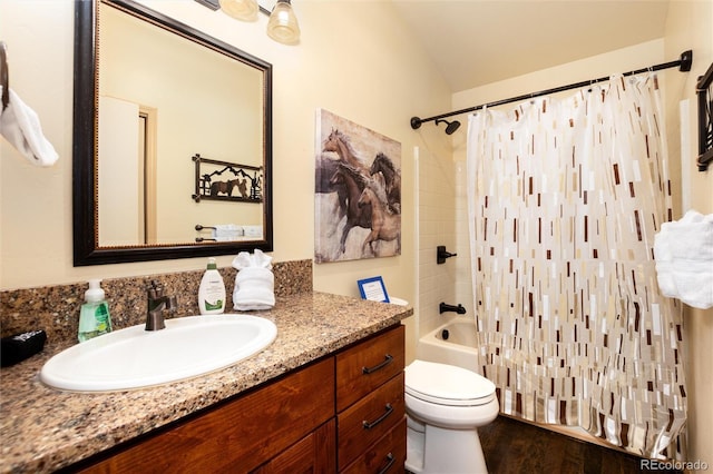 1301 Sheep Ridge Rd, Fairplay, CO 80440 - full bathroom with vanity, shower / bath combo with shower curtain, vaulted ceiling, and wood finished floors