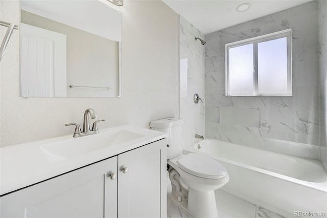 bathroom featuring vanity, toilet, marble finish floor, and shower / bathtub combination