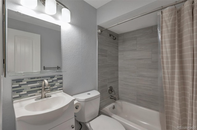 full bathroom featuring vanity, toilet, shower / tub combo, and decorative backsplash