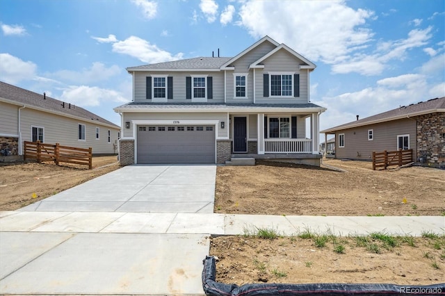 1376 Lumber Ridge Cir N, Erie, CO 80516 - view of front facade featuring a porch, a garage, driveway, and brick siding