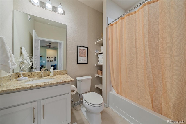 full bathroom featuring tile patterned flooring, vanity, ceiling fan, toilet, and shower / bath combo