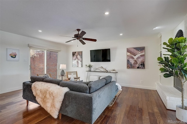 3434 S Race St, Englewood, CO 80113 - living area featuring dark wood-type flooring, ceiling fan, and recessed lighting