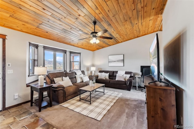 16651 Holly Ct, Buena Vista, CO 81211 - living area featuring wood ceiling, lofted ceiling, ceiling fan, baseboards, and stone finish flooring