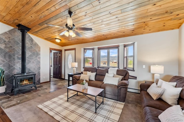 16651 Holly Ct, Buena Vista, CO 81211 - living room featuring wood ceiling, a baseboard radiator, a wood stove, ceiling fan, and baseboards