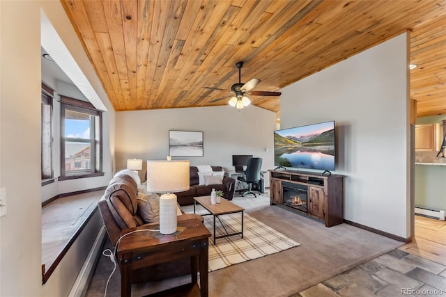 16651 Holly Ct, Buena Vista, CO 81211 - carpeted living area with a baseboard radiator, lofted ceiling, wooden ceiling, ceiling fan, and baseboards