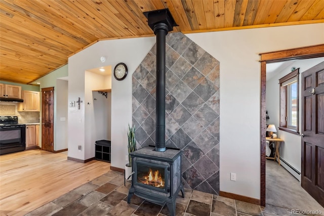 16651 Holly Ct, Buena Vista, CO 81211 - living area with a wood stove, wooden ceiling, vaulted ceiling, baseboards, and a baseboard radiator