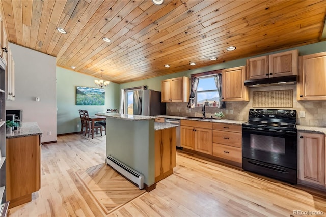 16651 Holly Ct, Buena Vista, CO 81211 - kitchen with stainless steel appliances, a baseboard radiator, a sink, under cabinet range hood, and wood ceiling