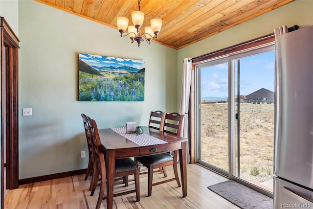 16651 Holly Ct, Buena Vista, CO 81211 - dining room with wooden ceiling, a chandelier, and light wood-style flooring