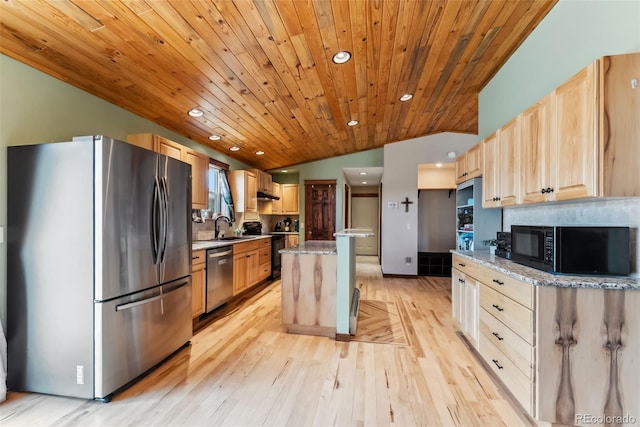 16651 Holly Ct, Buena Vista, CO 81211 - kitchen with stainless steel appliances, light brown cabinetry, wood ceiling, a sink, and a kitchen island