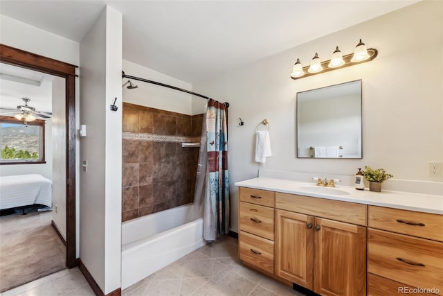 16651 Holly Ct, Buena Vista, CO 81211 - ensuite bathroom featuring vanity, shower / bath combination with curtain, tile patterned floors, ceiling fan, and baseboards