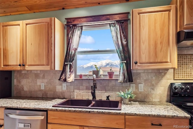 16651 Holly Ct, Buena Vista, CO 81211 - kitchen featuring dishwasher, electric range oven, tasteful backsplash, and light brown cabinetry