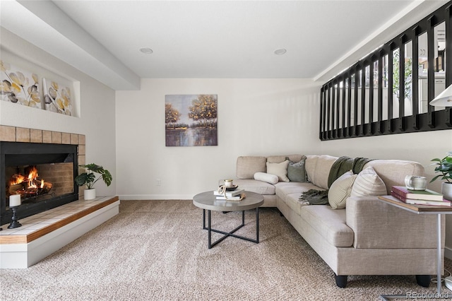 5991 W 68th Ave, Arvada, CO 80003 - living room with baseboards, carpet, and a fireplace