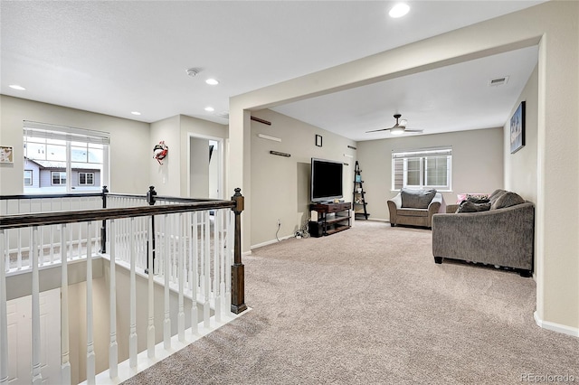 4733 S Wenatchee Cir, Aurora, CO 80015 - living room with carpet flooring, baseboards, ceiling fan, and recessed lighting