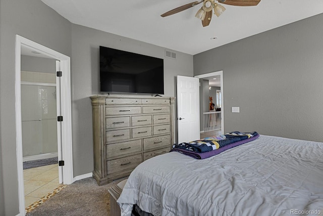 bedroom with light colored carpet and ceiling fan