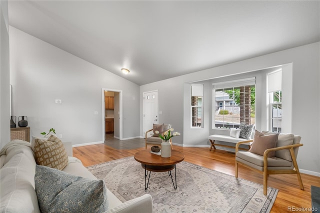 living room featuring vaulted ceiling and hardwood / wood-style floors