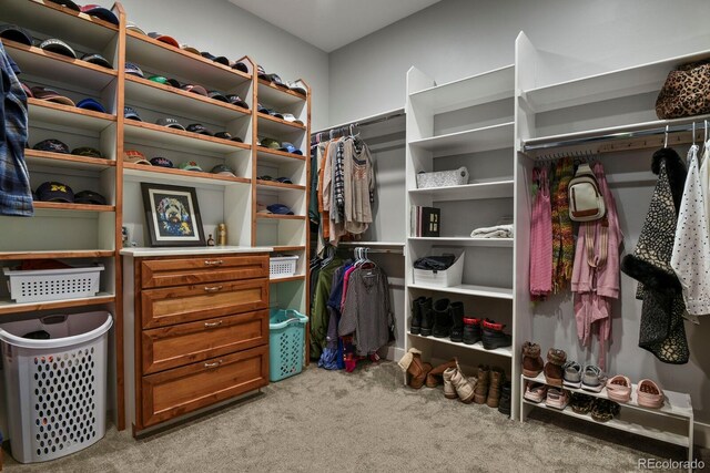 walk in closet with light carpet