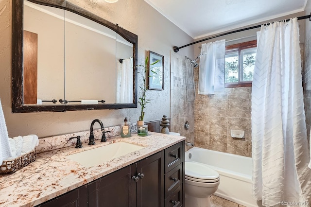 34886 Mohawk Trl, Pine, CO 80470 - bathroom featuring shower / bathtub combination with curtain, vanity, toilet, and a textured wall