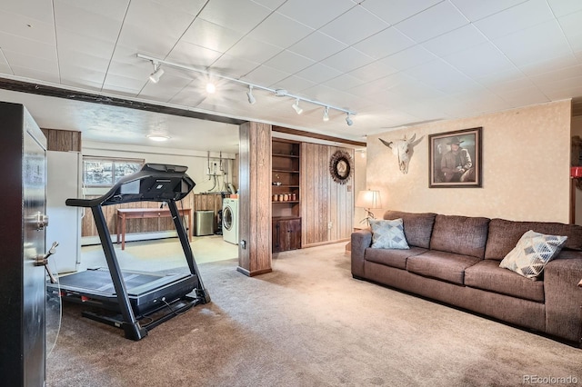 34886 Mohawk Trl, Pine, CO 80470 - carpeted living room with track lighting and washer / dryer