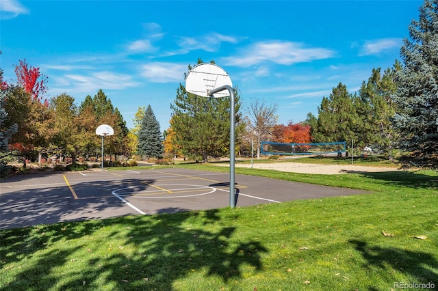 view of sport court featuring a yard and volleyball court