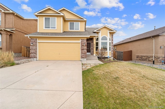 view of front of home with an attached garage, concrete driveway, brick siding, and roof with shingles