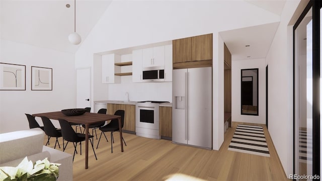 kitchen featuring light wood-style flooring, white refrigerator with ice dispenser, range with electric cooktop, open shelves, and stainless steel microwave