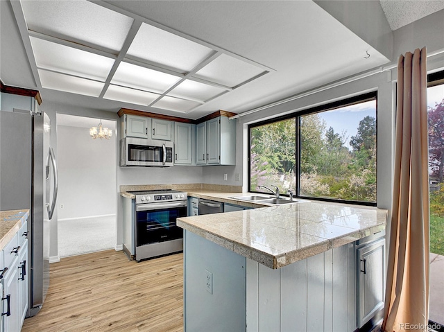 kitchen with a peninsula, tile counters, a sink, light wood finished floors, and stainless steel appliances