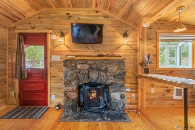 1450 Pine Ln Unit A, Grand Lake, CO 80447 - living area with wooden ceiling, lofted ceiling, wood-type flooring, and wooden walls