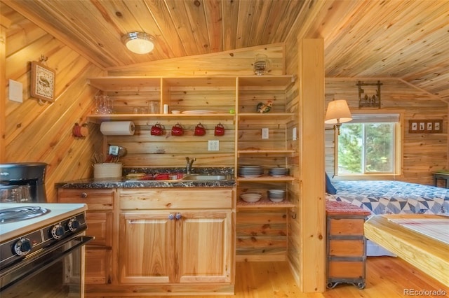 1450 Pine Ln Unit A, Grand Lake, CO 80447 - kitchen featuring vaulted ceiling, range, wooden ceiling, a sink, and wood walls